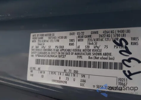 2022 Ford Transit-350 Passenger Van Xlt z USA, uszkodzony, nr VIN 1FBAX2C82NKA19727